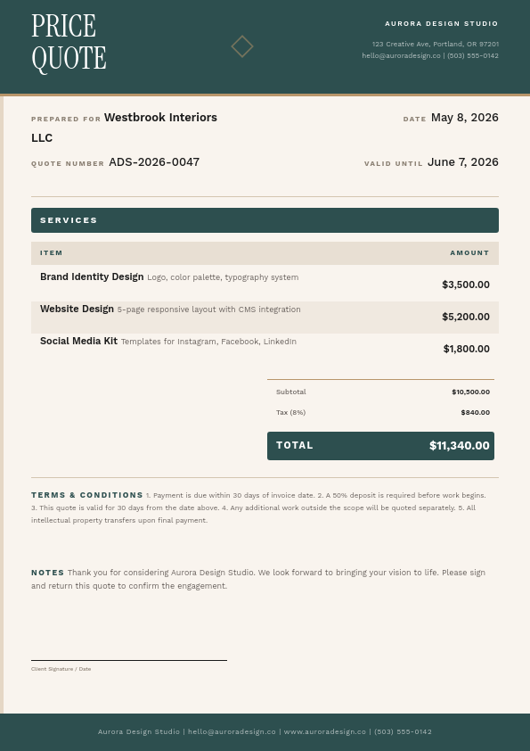 Warm Teal and Cream Professional Price Quote with Structured Services Table and Gold Accents