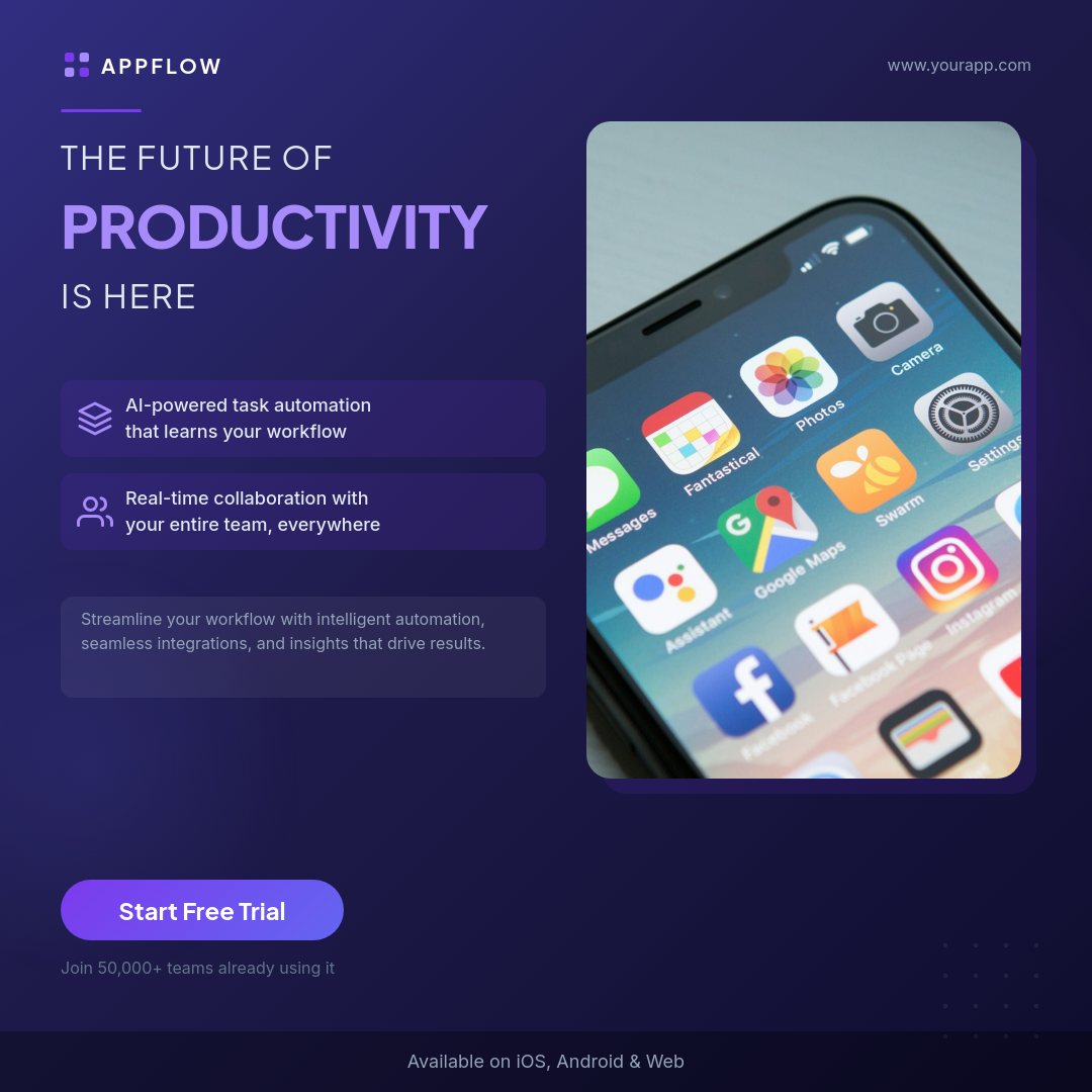 Dark Indigo SaaS App Feature Highlight with Phone Mockup and Floating Feature Cards
