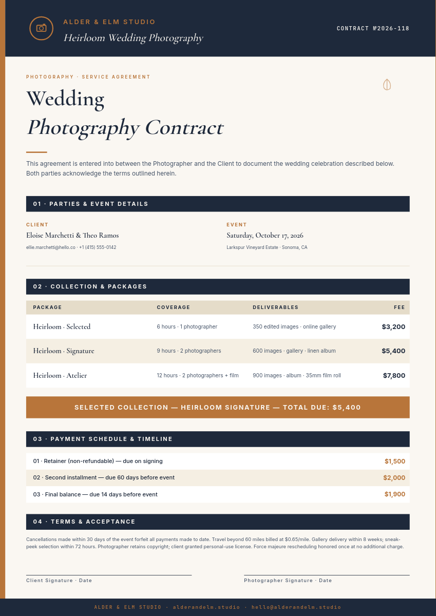 Editorial Navy & Copper Wedding Photography Service Contract A4 Document