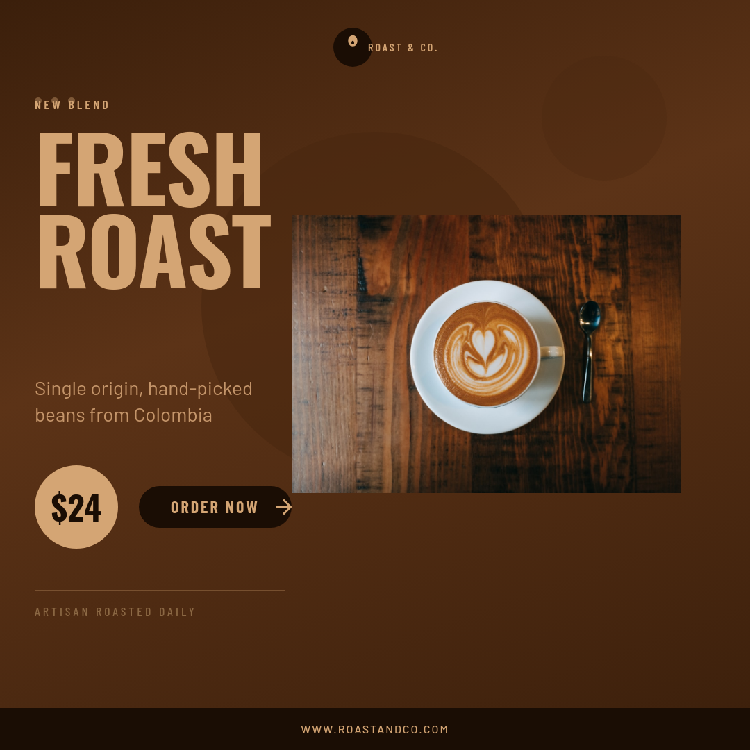 Bold Espresso Brown Coffee Brand Ad with Giant Typography and Product Overlap