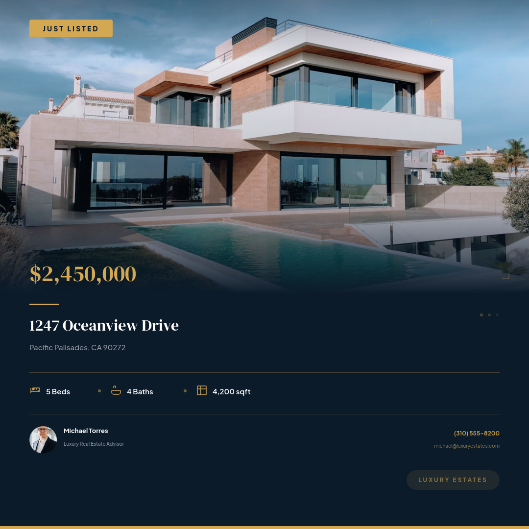 Navy Gold Modern Just Listed Property Showcase with Luxury Photo and Specs