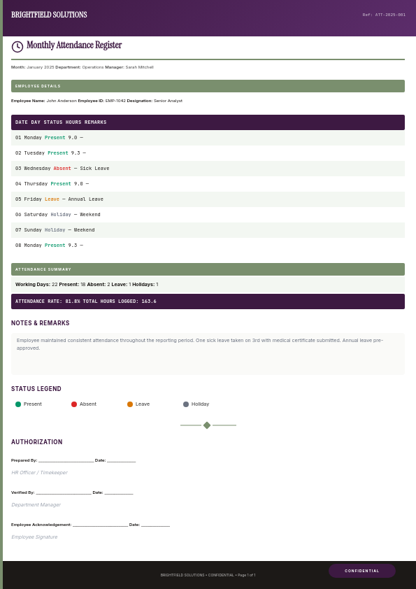 Professional Monthly Attendance Register with Plum Headers and Sage Accents