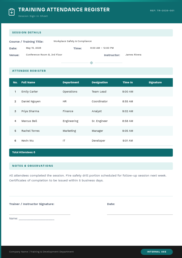 Professional Teal Training Attendance Register with Structured Attendee Table