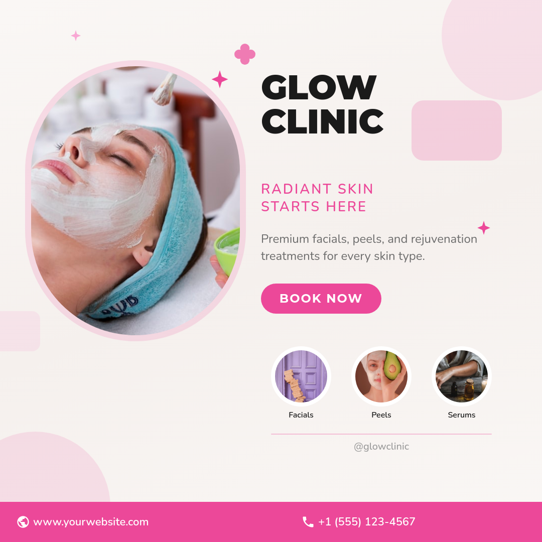 Clean Pink Beauty Clinic Service Promo with Oval Photo Frame and Accent Shapes