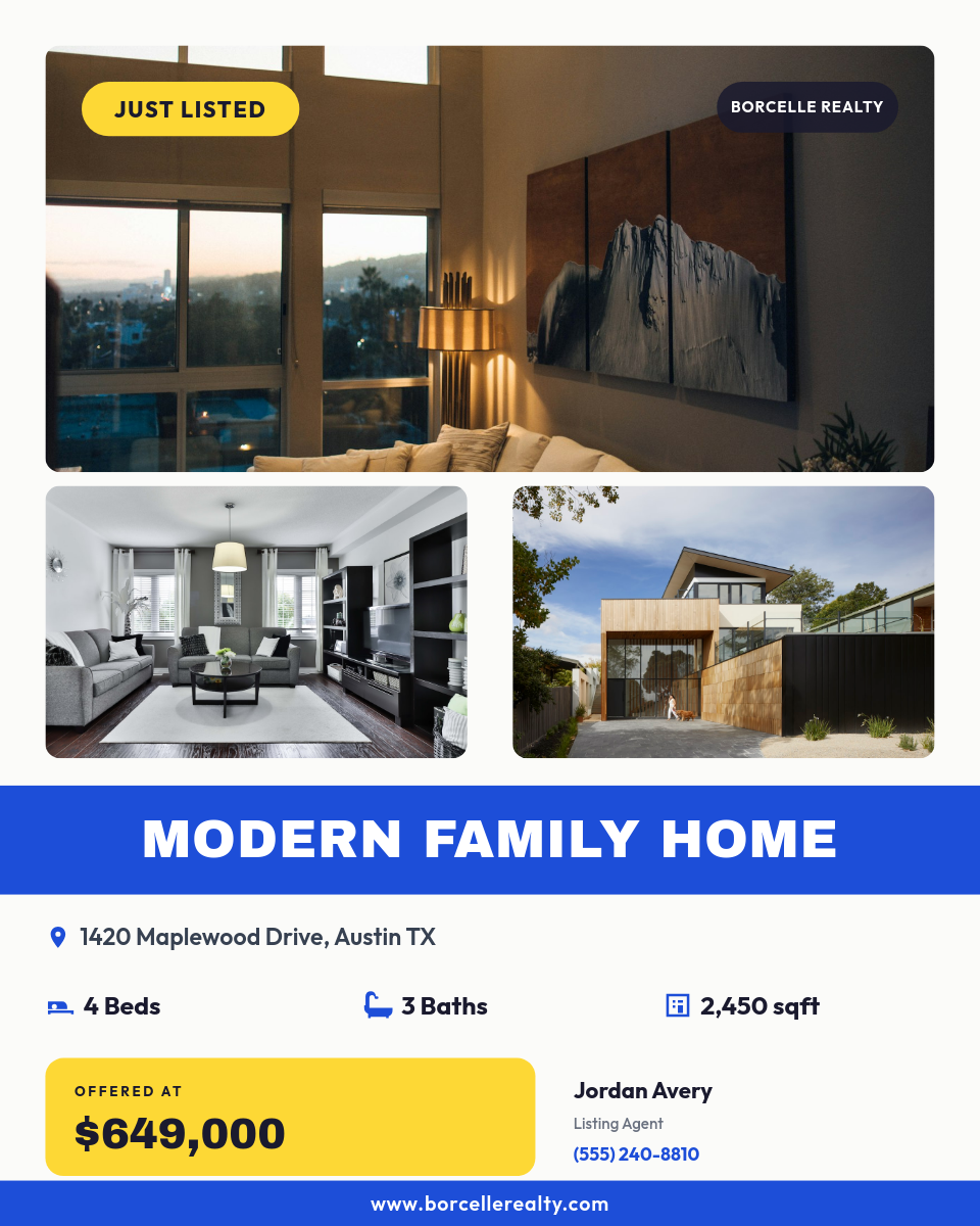 Bold Blue Just Listed Real Estate Flyer with Photo Collage