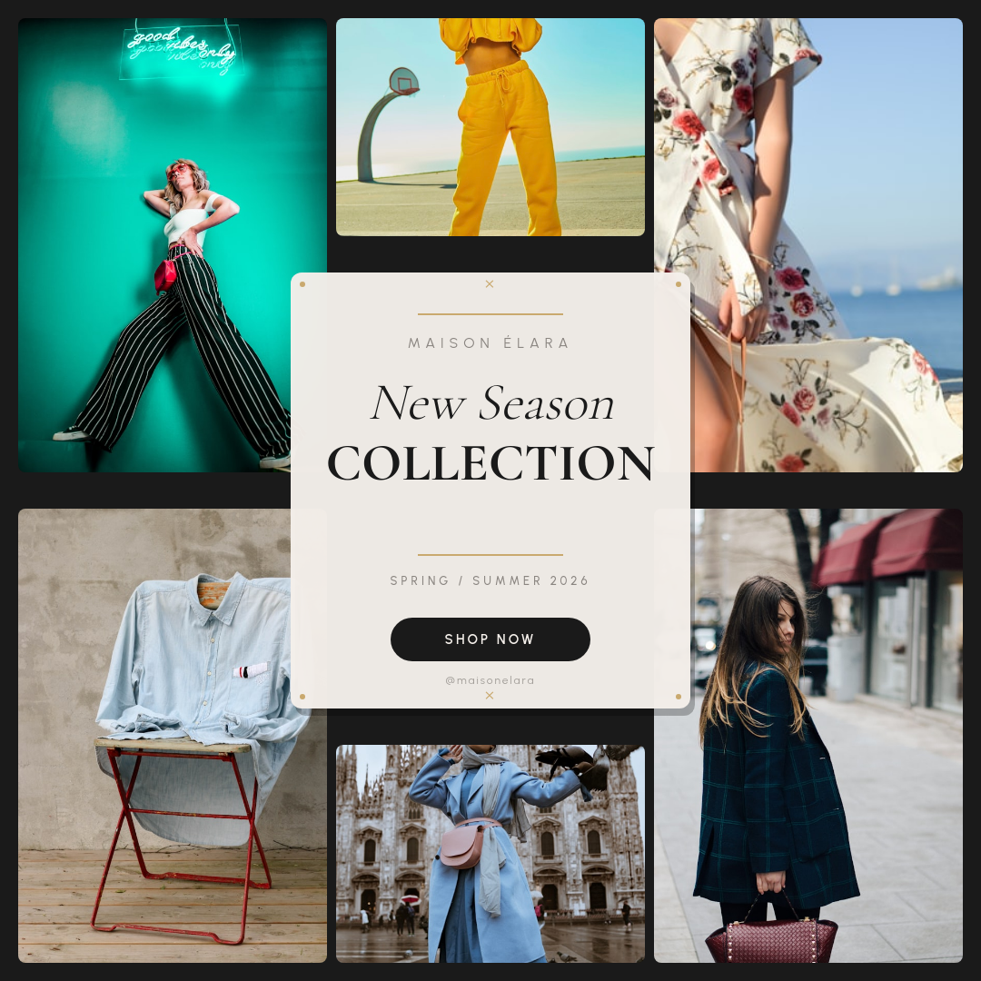 Dark Fashion Multi-Photo Grid Collection Drop with Center Text Card and Gold Accents