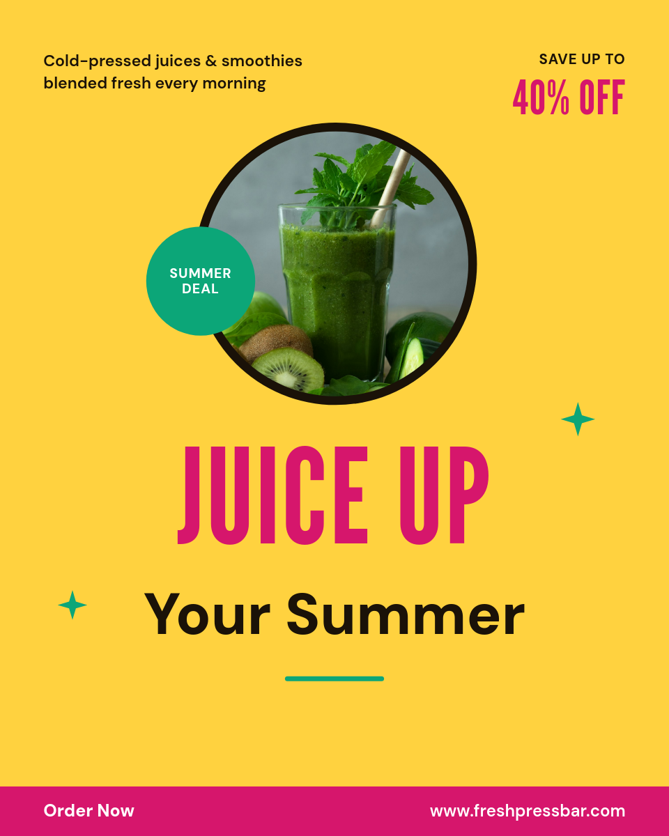 Bold Yellow Retro Cold-Pressed Juice Bar Summer Sale Ad