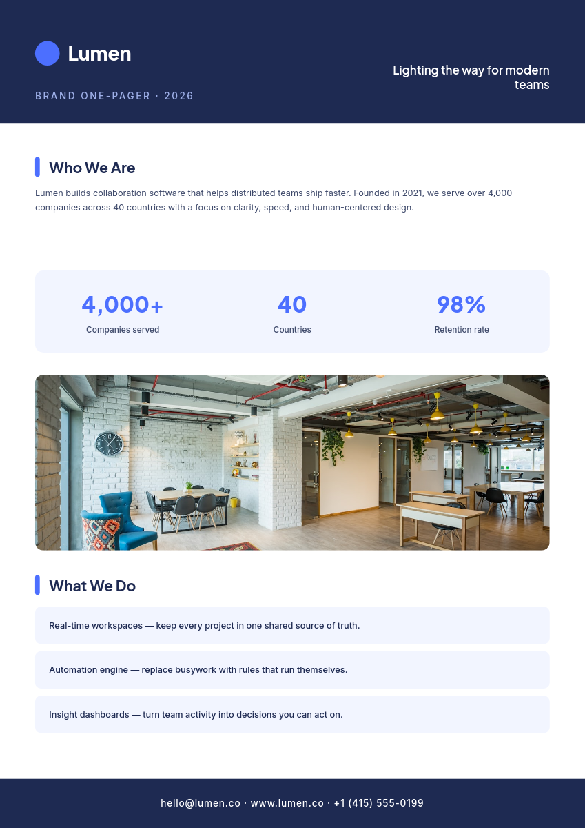 Indigo Corporate Brand One-Pager — Sectioned A4 with Stats & Team Photo