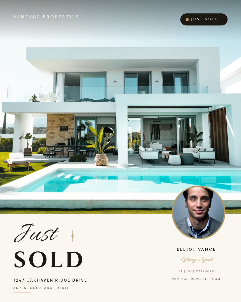 Cream and Gold Editorial Just Sold Luxury Real Estate Instagram 4:5 Post with Hero Property Photo, Allura Script Headline, Cinzel Tracked Display and Circular Agent Portrait