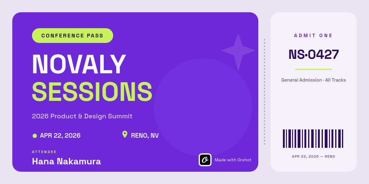 Electric-Violet Conference Pass Ticket — Space Grotesk Event Name, Lime Accents & Perforated Barcode Stub