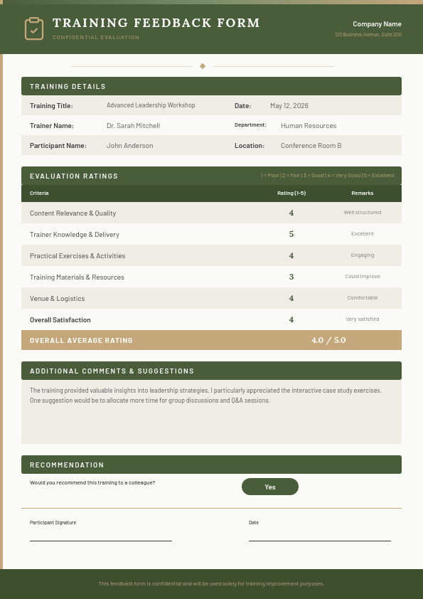 Elegant Olive Training Feedback Form with Rating Table and Comments Section