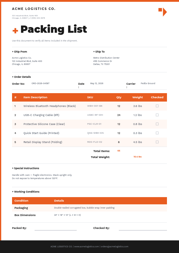 Clean Orange Accent Packing List with Itemized Table and Shipping Details