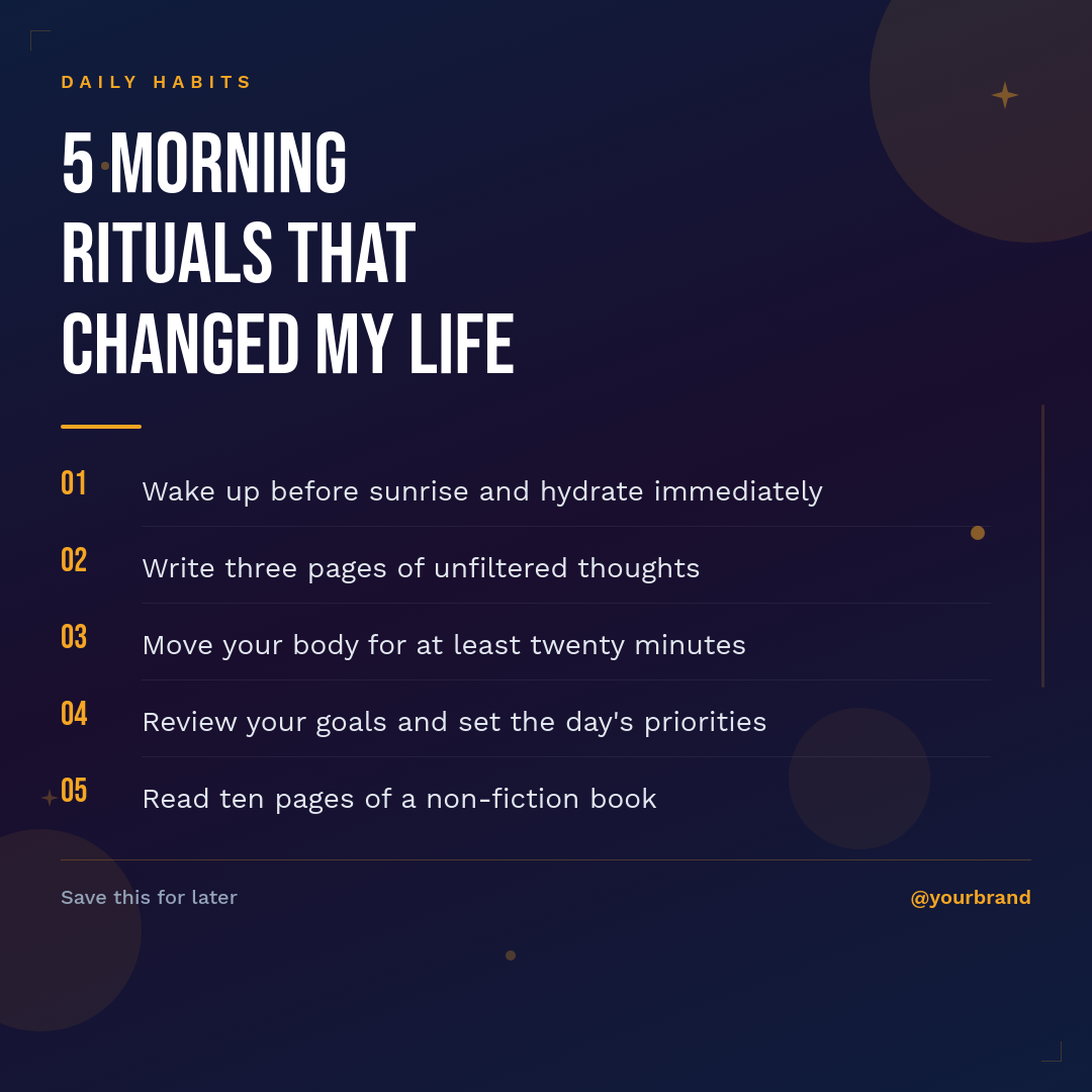 Bold Navy Numbered Productivity Tips Card with Amber Accent Shapes and Condensed Typography