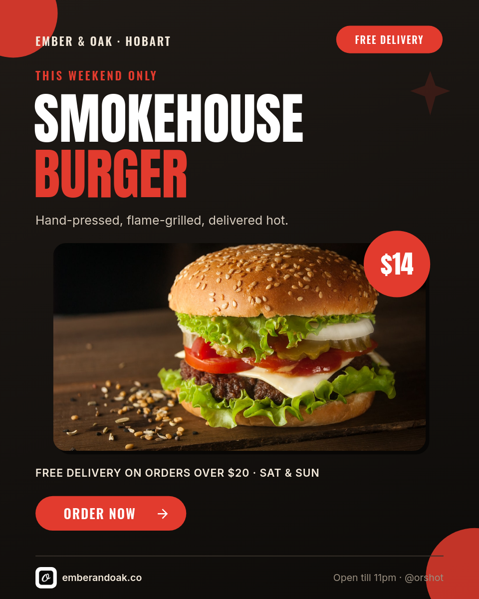 Dark Smokehouse Burger Delivery Promo — Anton Condensed Caps, Red Accent, Rustic Burger Photo & Order Pill