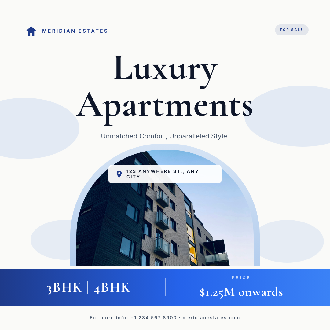 Cream and Royal Blue Luxury Apartments Listing Post with Arched Dome Photo Frame, Cormorant Garamond Serif Title and Gradient Footer Bar