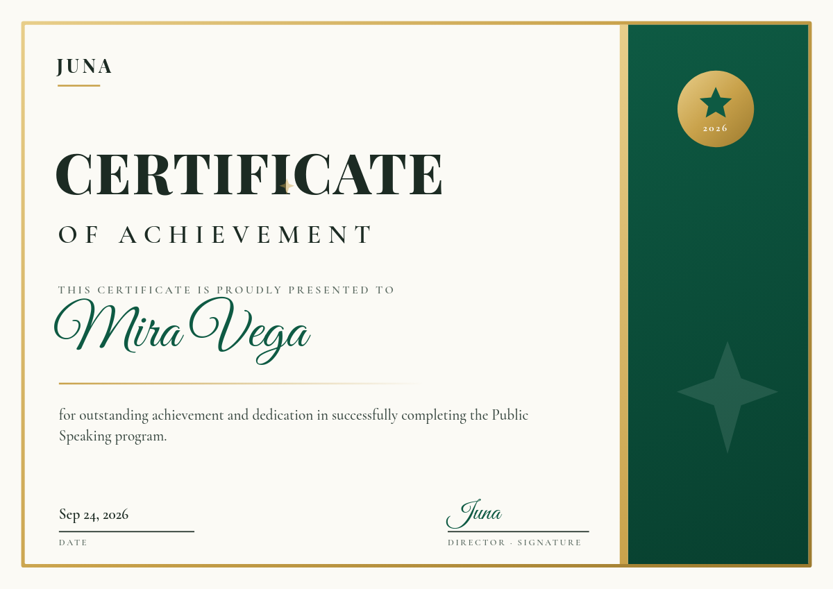 Emerald & Gold Certificate of Achievement — Playfair Serif, Script Name & Laurel Seal