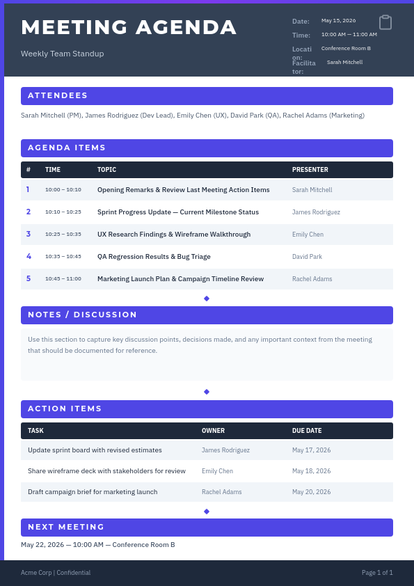 Professional Meeting Agenda with Dark Slate Header and Indigo Section Bars