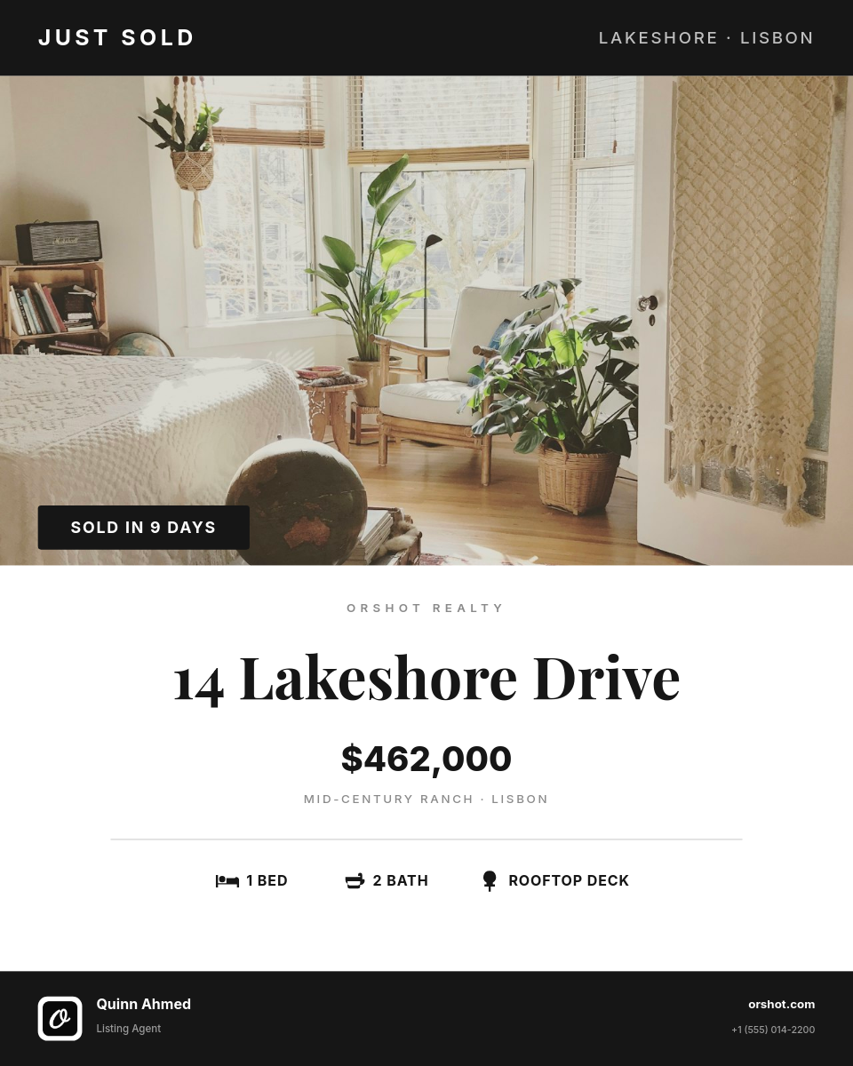 Clean Monochrome Just Sold Real-Estate Flyer — Playfair Address, B&W Photo & Agent Footer