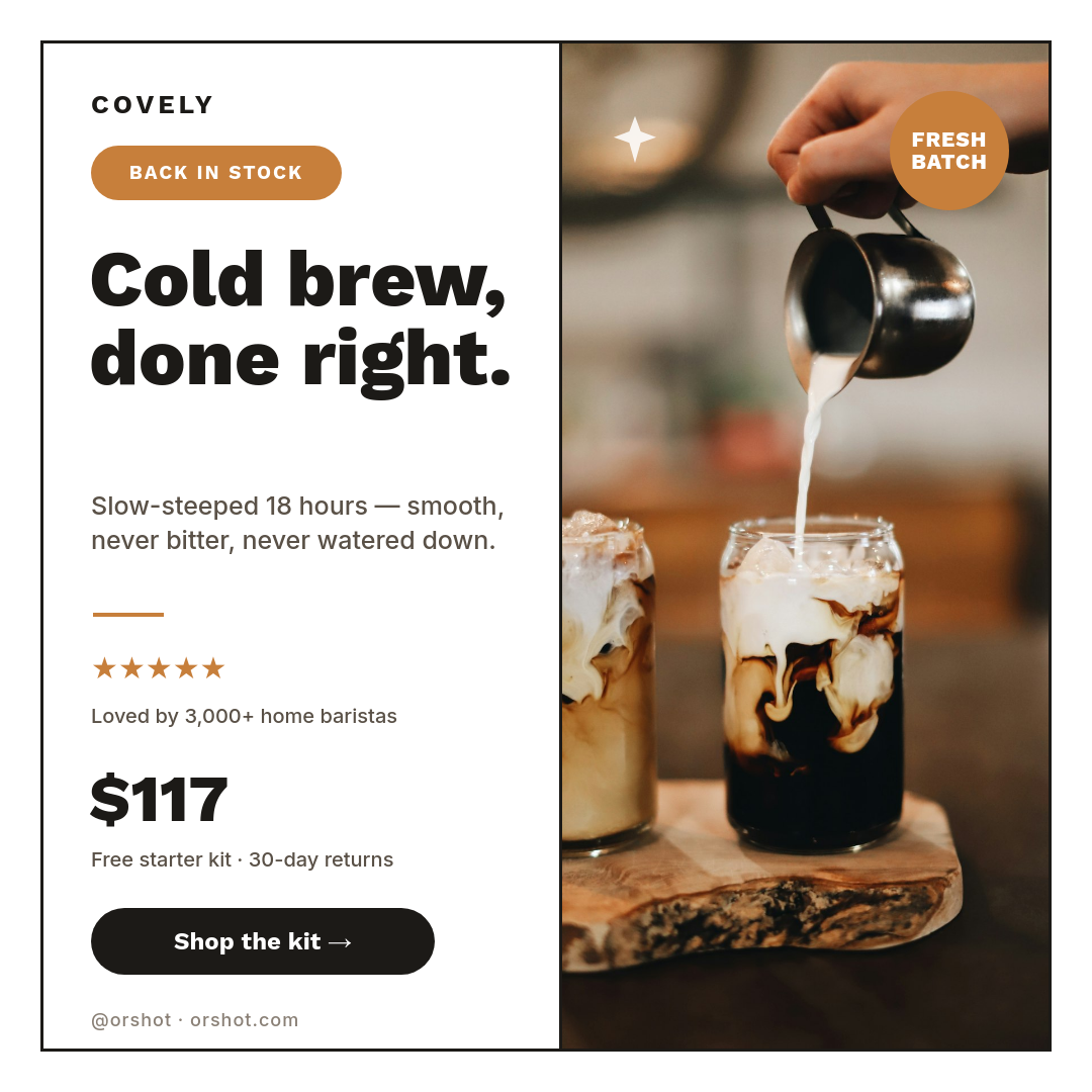 Clean White Cold-Brew Kit Product Spotlight — Work Sans Headline, Caramel Social-Proof & Back-in-Stock Pill