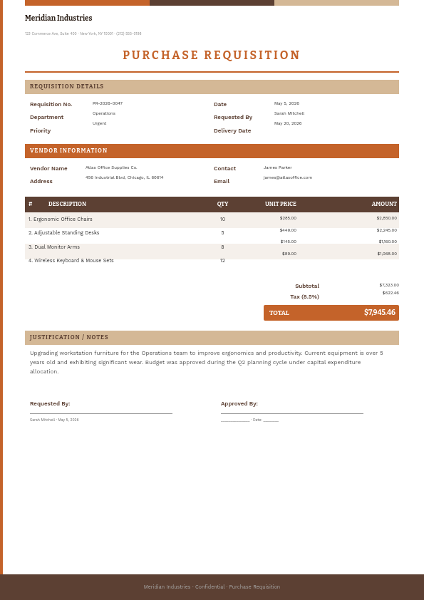 Warm Earth-Tone Purchase Requisition Form with Itemized Table