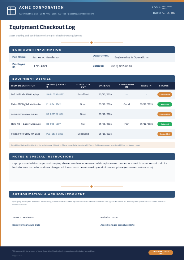 Professional Equipment Checkout Log with Steel Blue Headers and Return Tracking Table