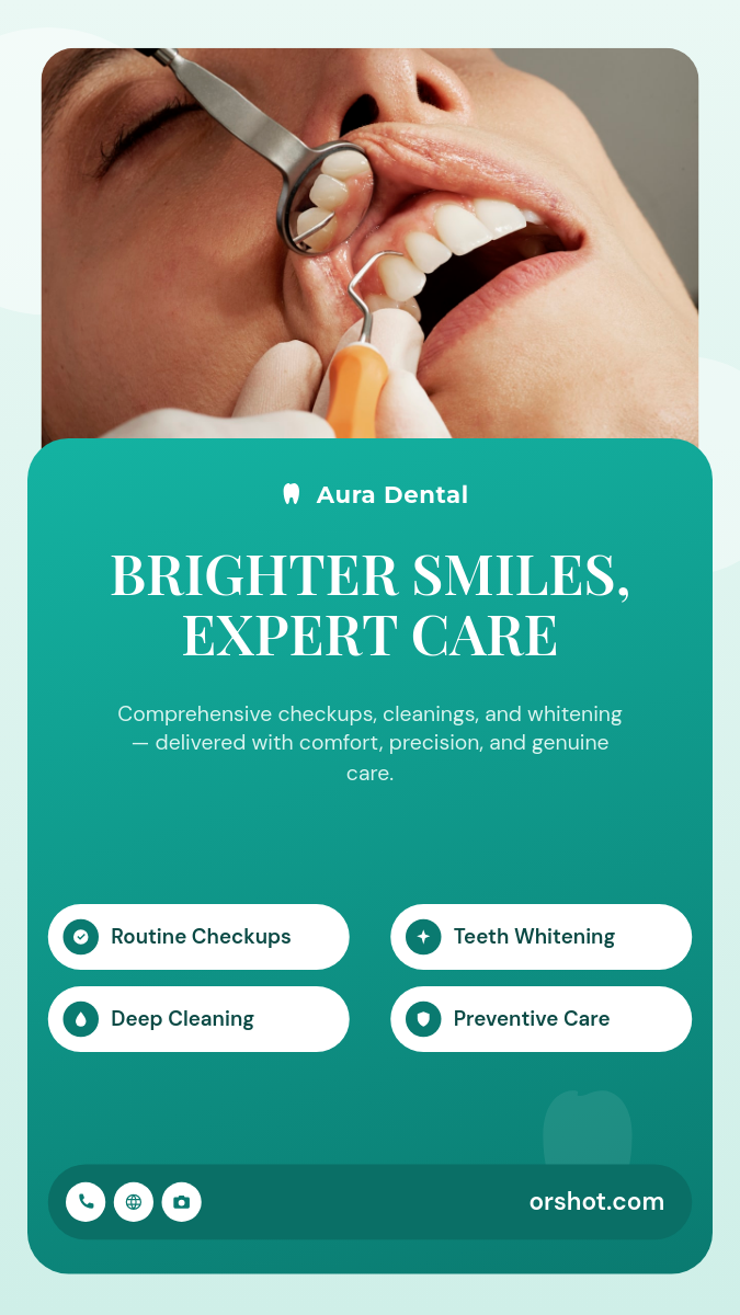 Dental Clinic Services Story — Smile Photo, Rounded Card, Service Pills