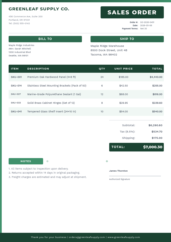 Professional Sales Order with Forest Green Headers and Itemized Table