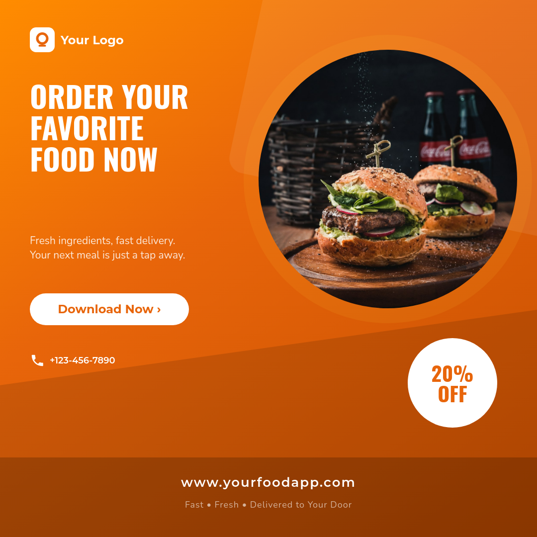 Bold Orange Food Delivery App Ad with Product Hero and Download CTA