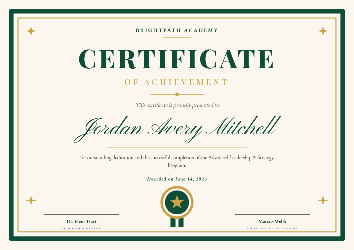 Emerald & Gold Certificate of Achievement with Ornate Frame