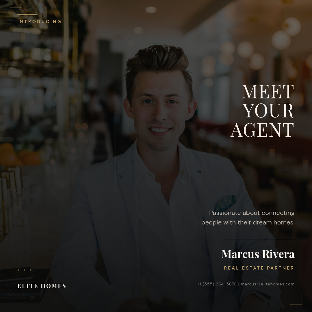 Dark Moody Agent Introduction with Giant Serif Headline and Professional Portrait