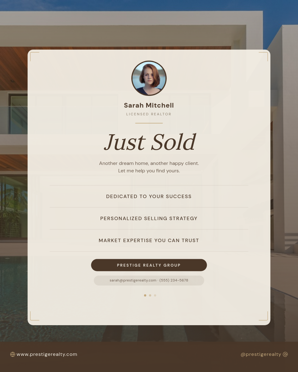 Warm Brown Just Sold Celebration Post with Agent Card and Value Propositions