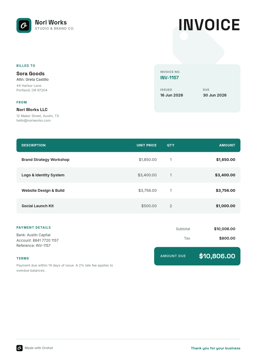 Clean White & Teal Service Invoice — Bold Space Grotesk Wordmark, Teal Table Header & Amount-Due Box