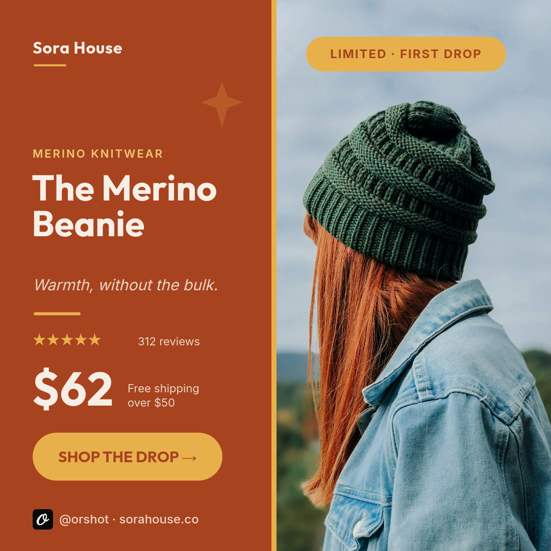 Rust & Cream Merino Beanie Product Card — Outfit Sans, Split Photo Panel & Limited-Drop Badge
