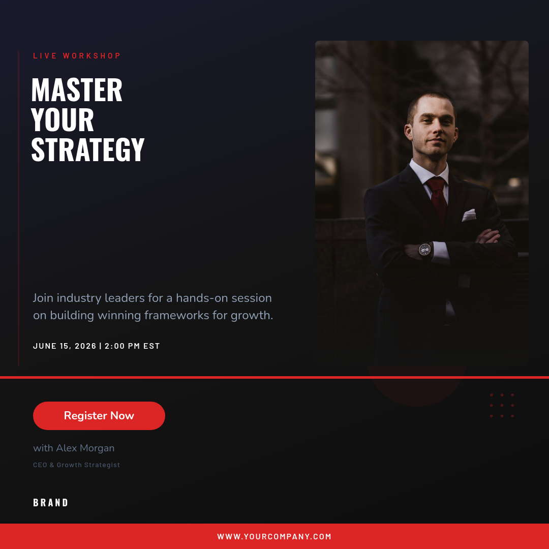 Dark Bold Professional Workshop Ad with Condensed Headline and Red Accent Bar
