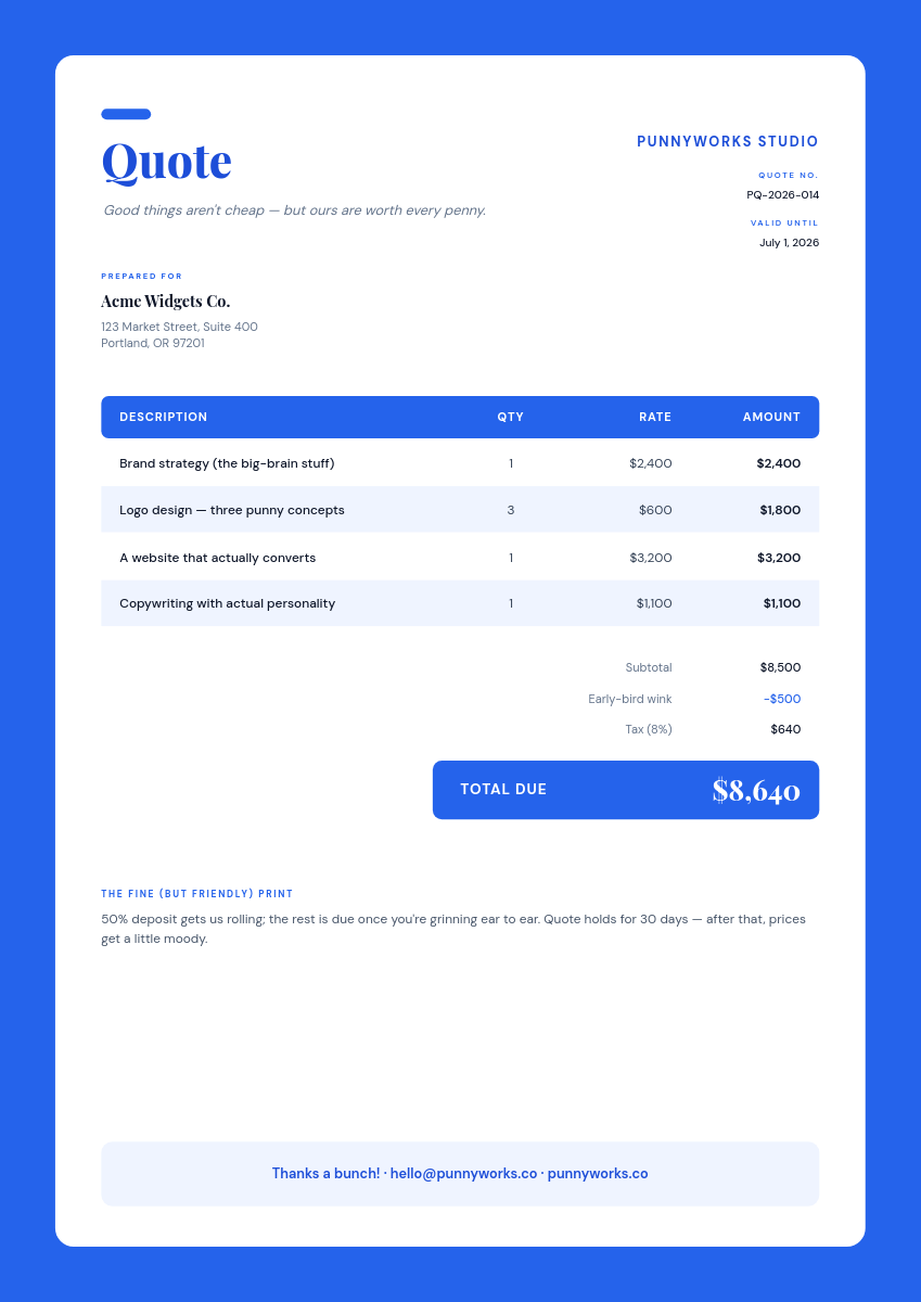 Electric Blue Card-Based Price Quote Document