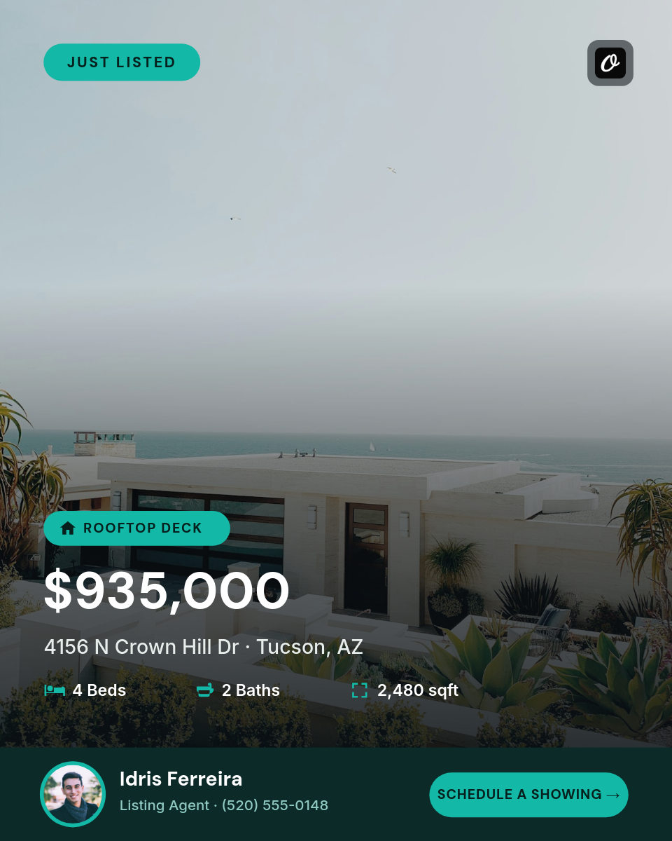Just Listed Real-Estate Card — Photo Hero, Teal Accents, Spec Row & Agent Footer