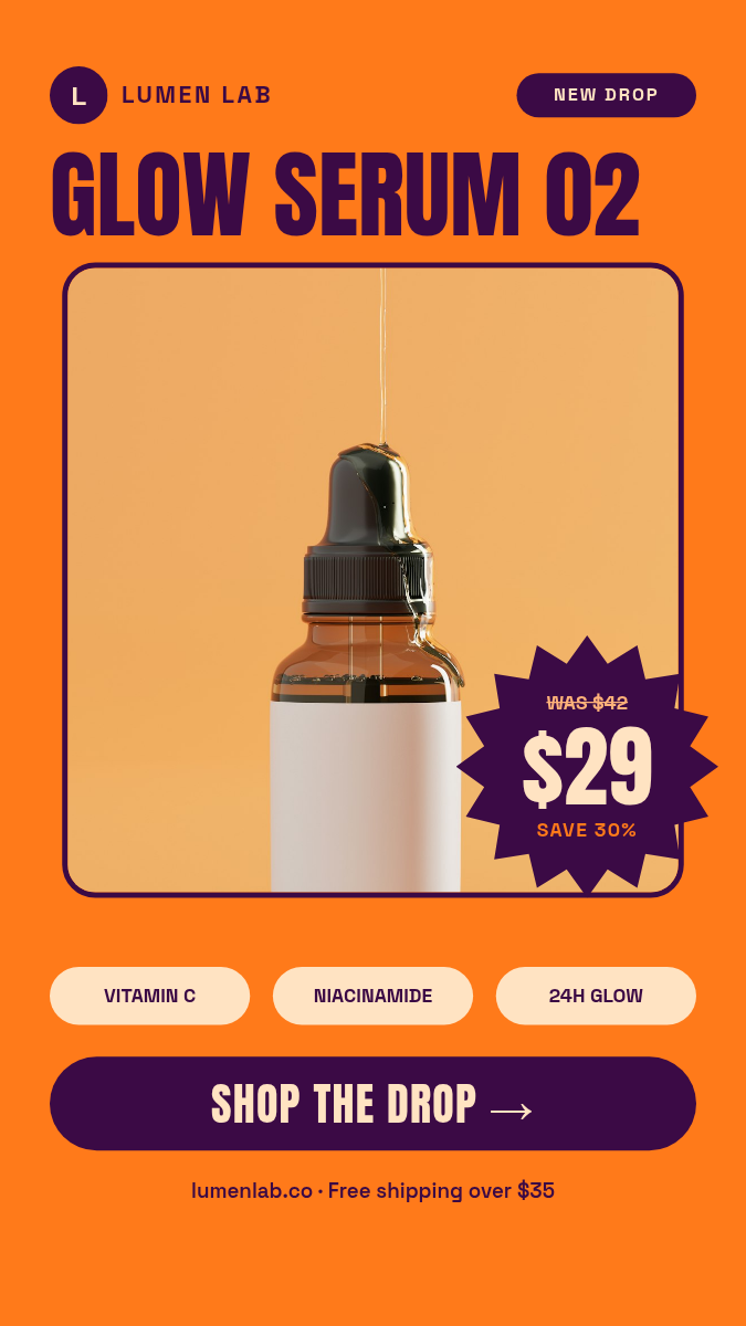 Animated Product Reveal Story 9:16 — Serum Drop, Tangerine