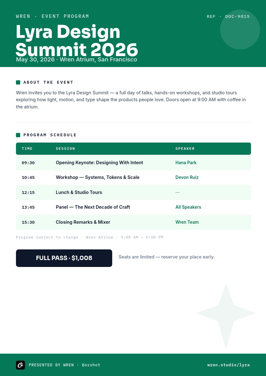 Emerald Event Program A4 — Bold Grotesk Title, Mono Labels & Striped Schedule Table