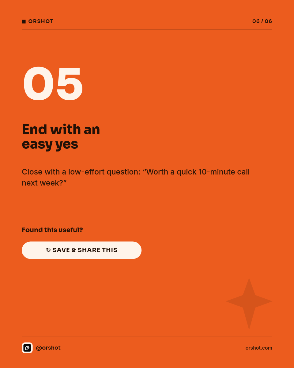 Vibrant Orange 5-Step Cold-Email Carousel — Bold Sora Caps, Fraunces Italic Accent & Giant Numbers - Page 6