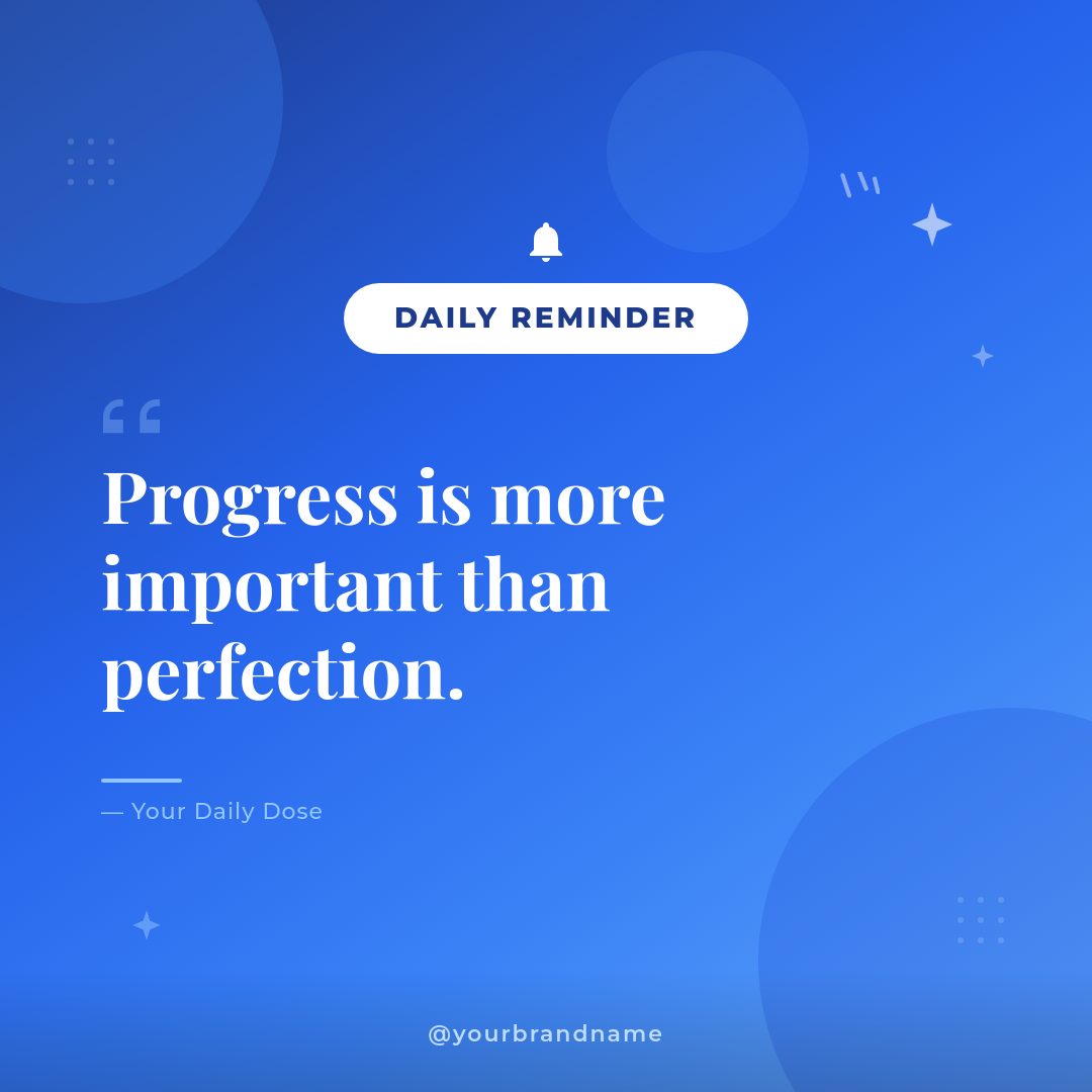 Bold Blue Gradient Daily Reminder Card with Bell Badge and Sparkle Accents