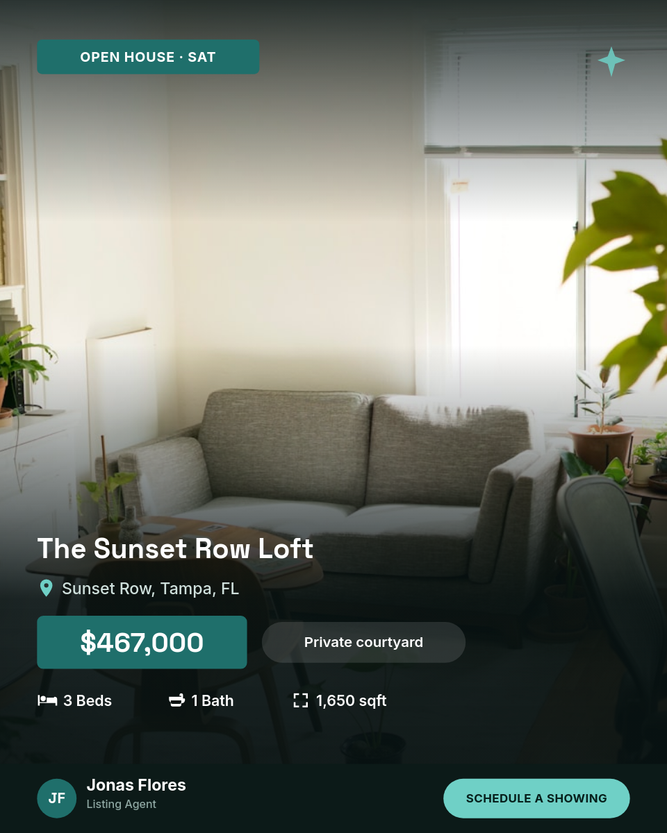 Modern Open House IG Post — Full-Bleed Loft Photo, Teal Price Chip, Spec Row & Agent Footer Bar