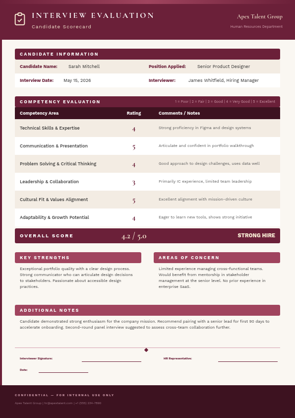 Elegant Burgundy Interview Evaluation Scorecard with Rating Table