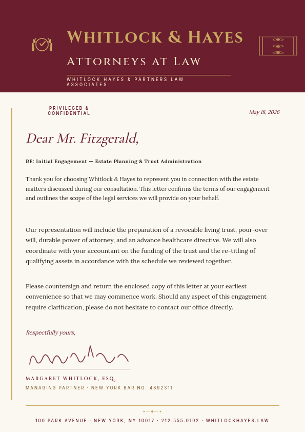 Burgundy and Gold Legal Engagement Letter A4 with Cinzel Roman Caps Firm Name, Cormorant Italic Salutation and Ornamental Gold Side Pattern