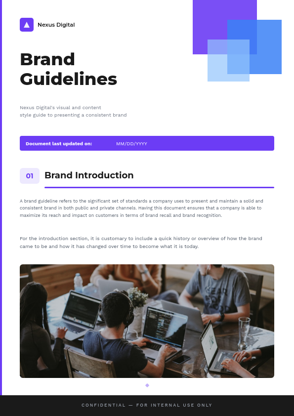 Modern Tech Brand Guidelines Cover with Purple Geometric Shapes and Team Photo