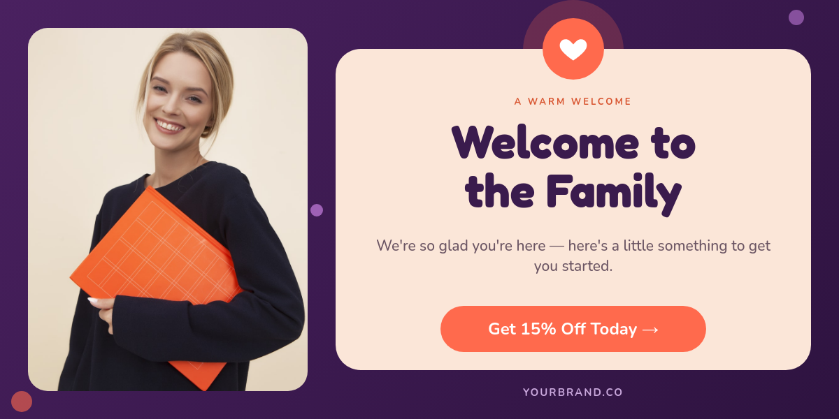 Friendly Welcome Email Banner with Photo Card and Offer Pill
