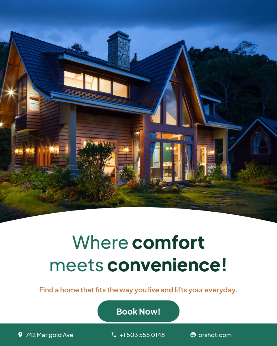 Modern Real Estate Promo — Photo Hero, Two-Tone Headline & Contact Bar