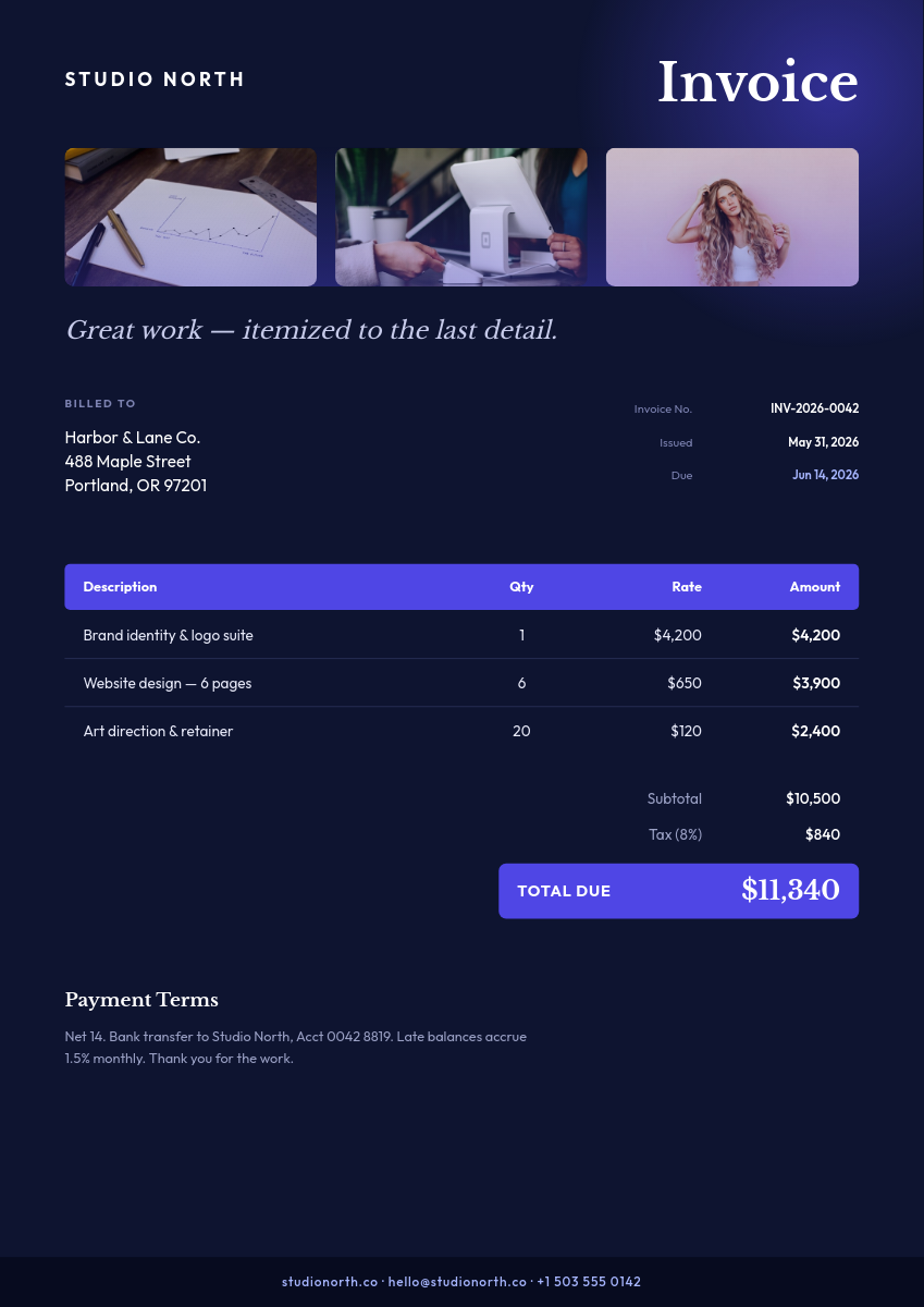 Deep Navy & Indigo Service Invoice with Photo Collage