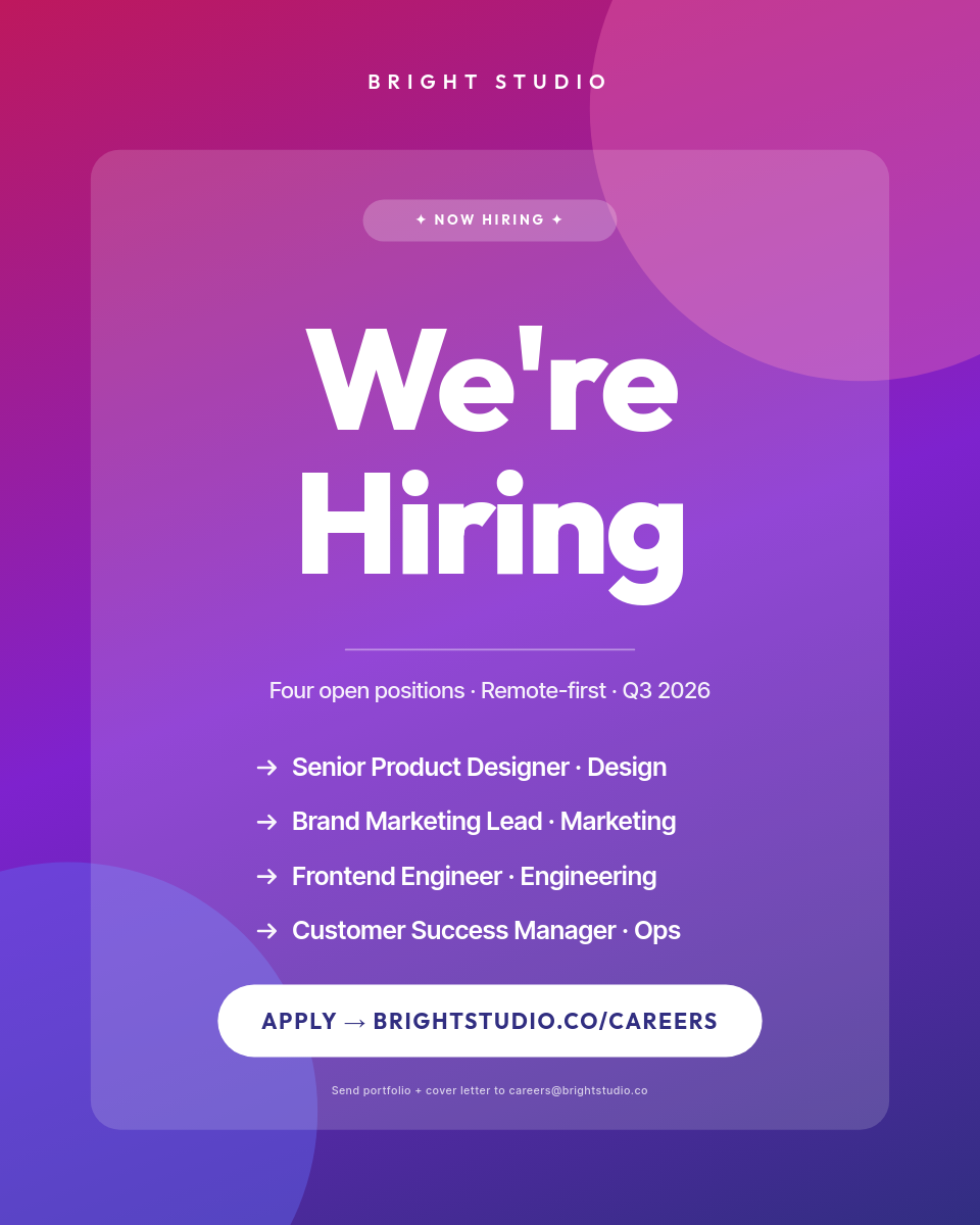 Magenta to Indigo Gradient Frosted Glass Card We're Hiring Instagram Post 4:5 with Outfit Stacked Bold Headline, Arrow-Bulleted Role List and White CTA Pill