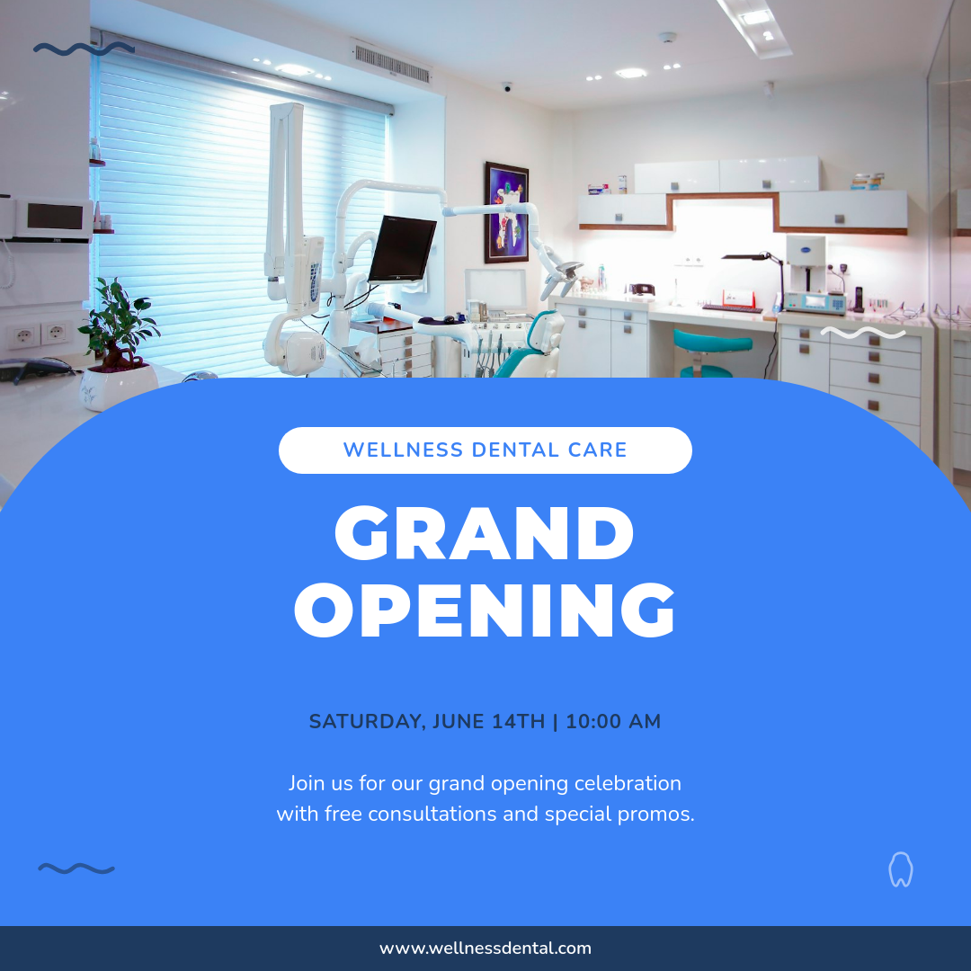 Sky Blue Curved Overlay Medical Grand Opening with Service Photo and Wavy Accents