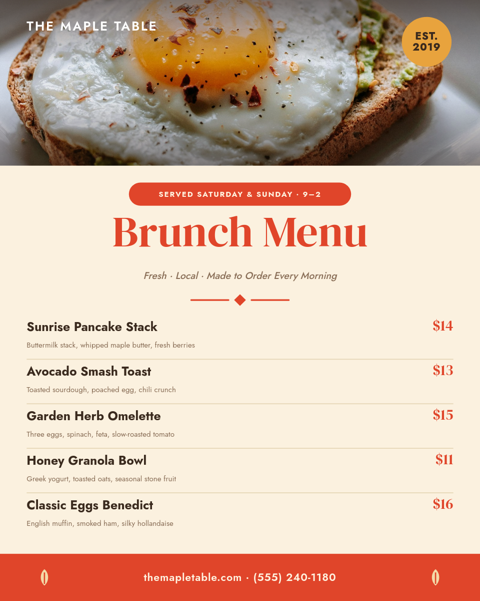 Sunny Cream & Tomato Weekend Brunch Menu Card